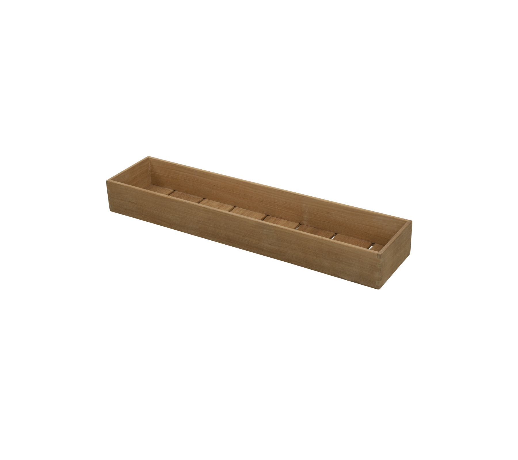 Holzaufbewahrungstablett mit mehreren Fächern zur Organisation von Gegenständen, mit einem langen und rechteckigen Design.