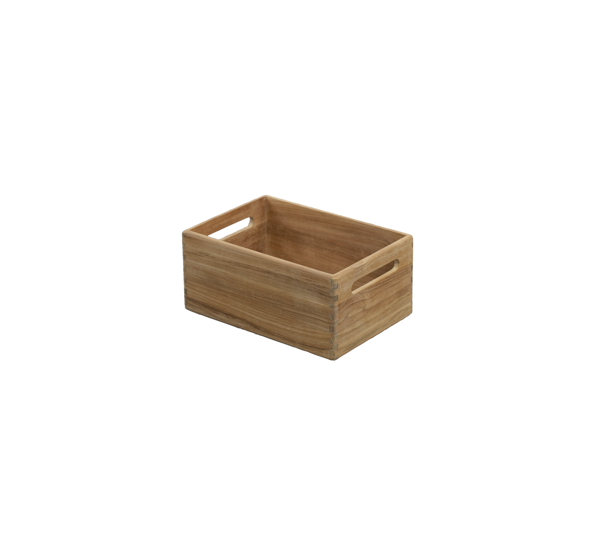 Teak-Kiste mit ausgeschnittenen Griffen.