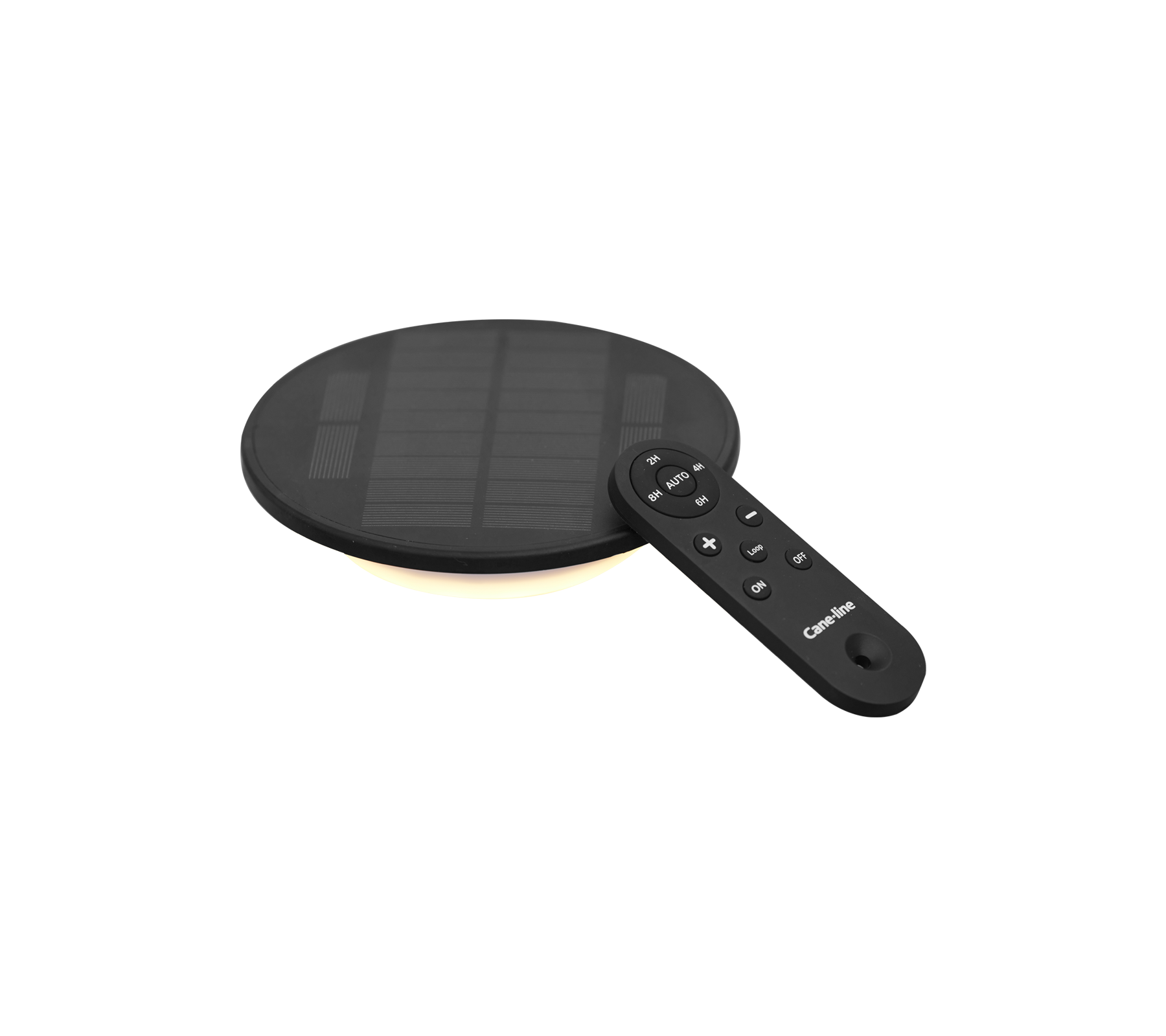 Schwarz solar LED-Licht mit runder Form und einer Fernbedienung für einstellbare Einstellungen.