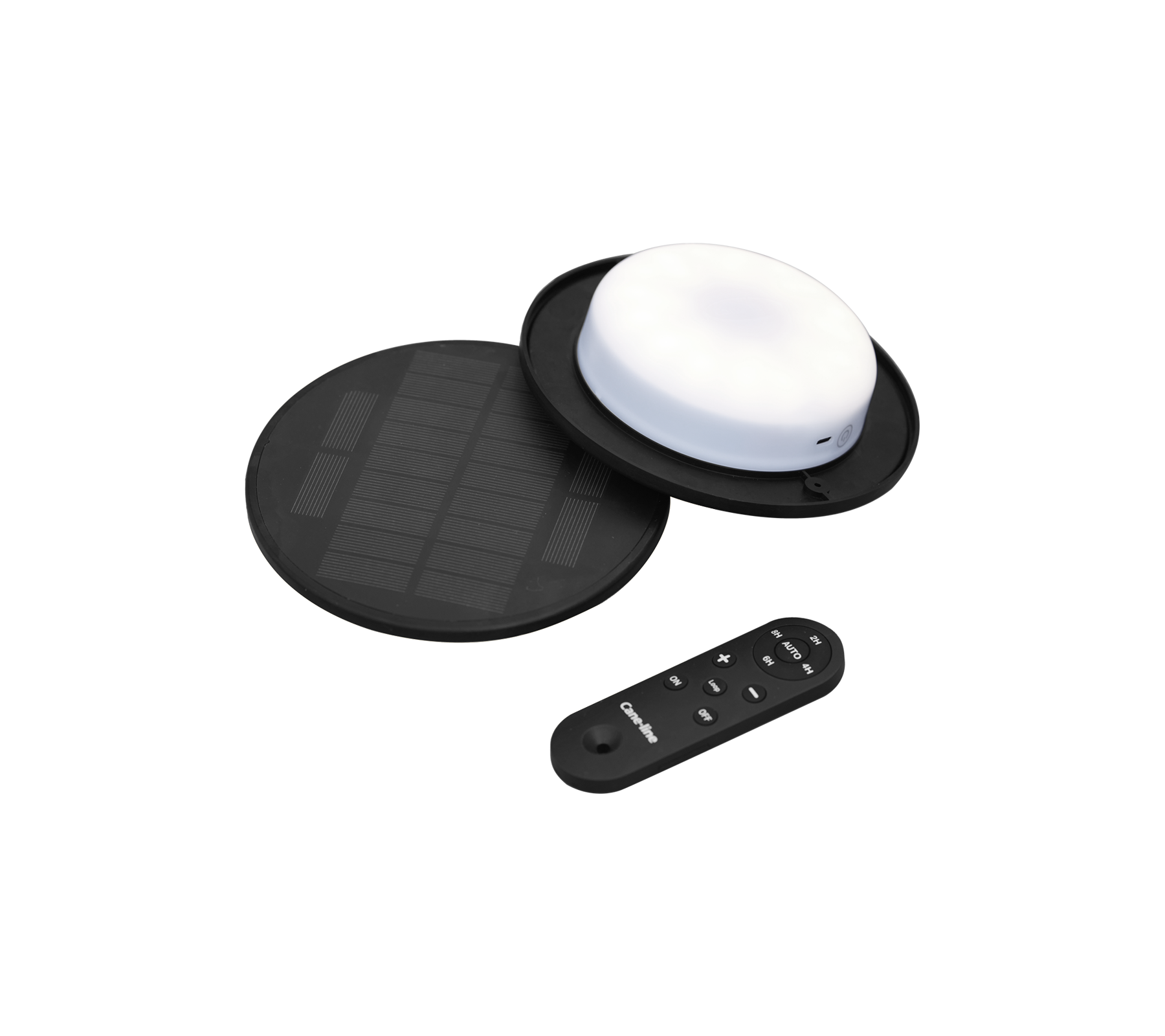 Solarbetriebene LED-Leuchte mit einer runden weißen Lampe, einem schwarzen Solarpanel und einer Fernbedienung zur Steuerung.