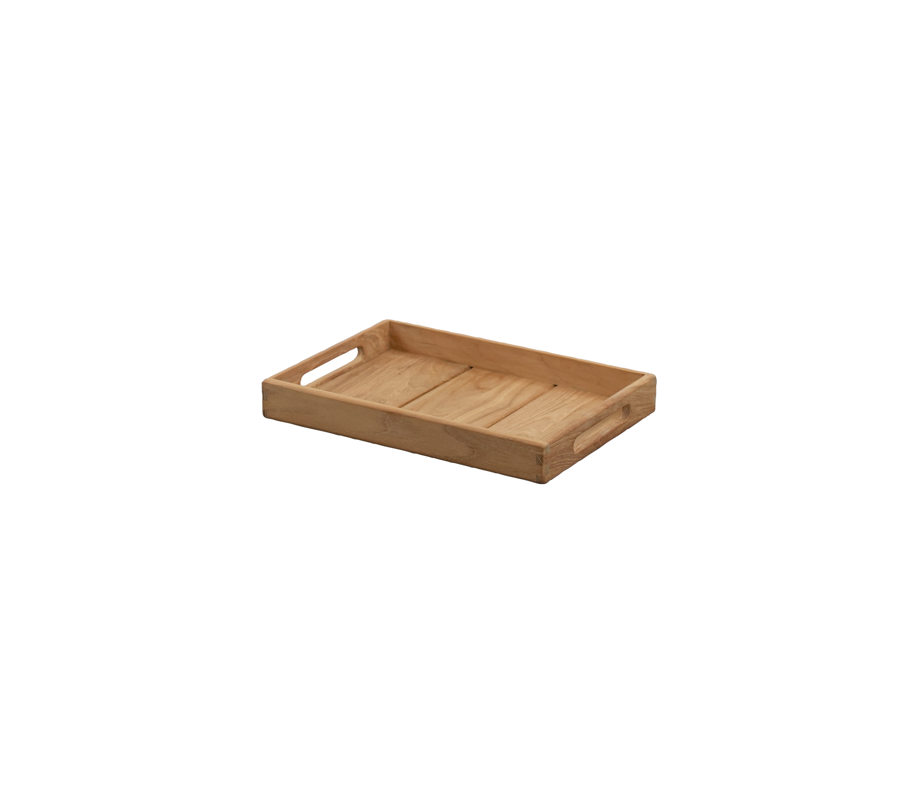Rechteckiges Teakholztablett mit Griffseiten.