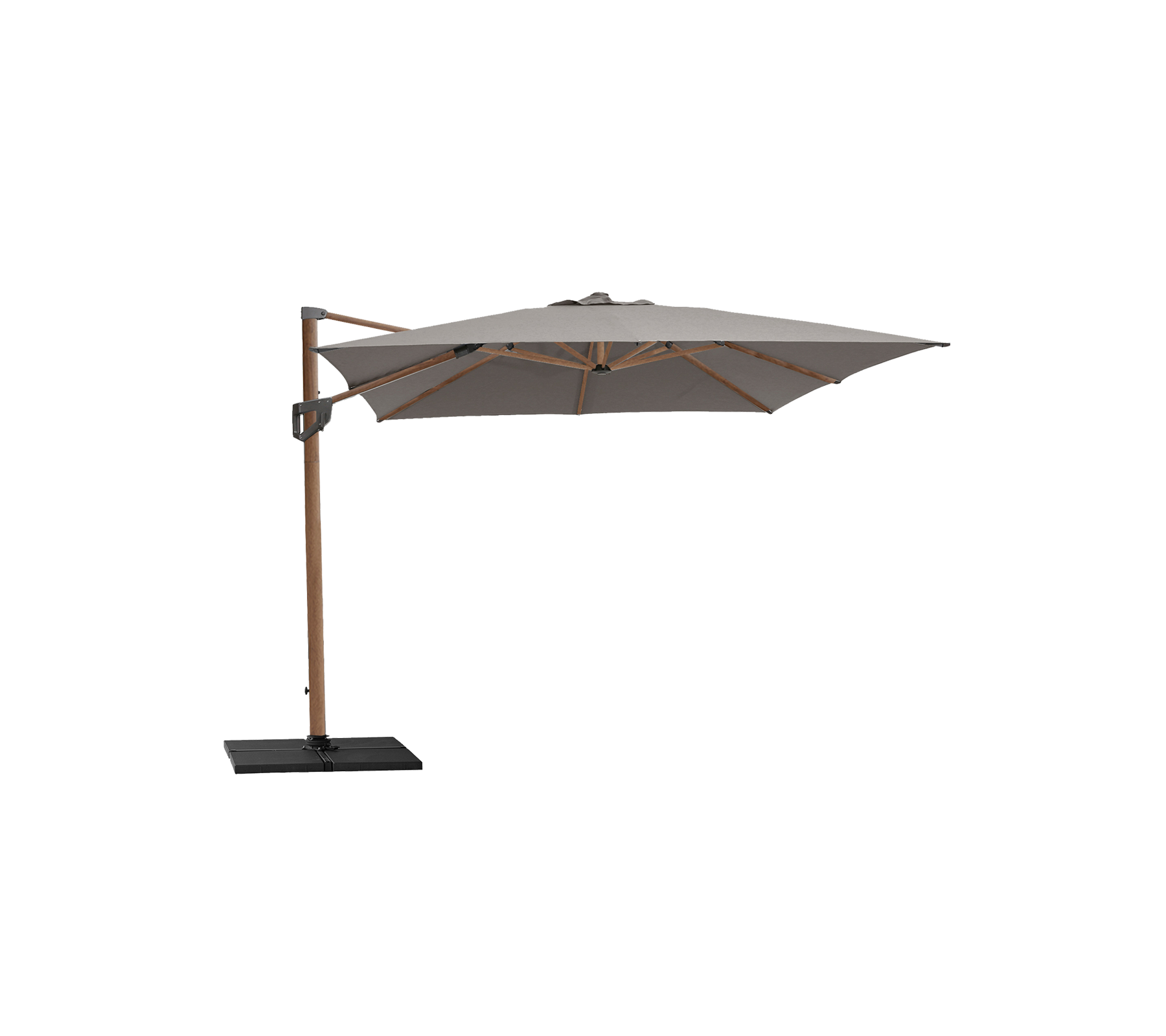 Stilvoller Sonnenschirm mit einem beigen Dach und Holzrahmen, unterstützt von einem stabilen schwarzen Sockel, perfekt um Schatten zu spenden und Außenbereiche aufzuwerten.