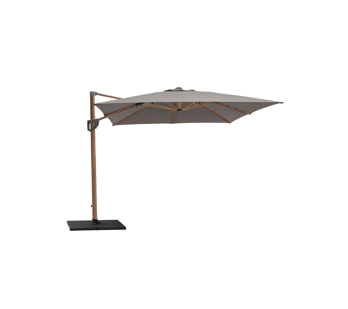Stilvoller Sonnenschirm mit einem beigen Dach und Holzrahmen, unterstützt von einem stabilen schwarzen Sockel, perfekt um Schatten zu spenden und Außenbereiche aufzuwerten.