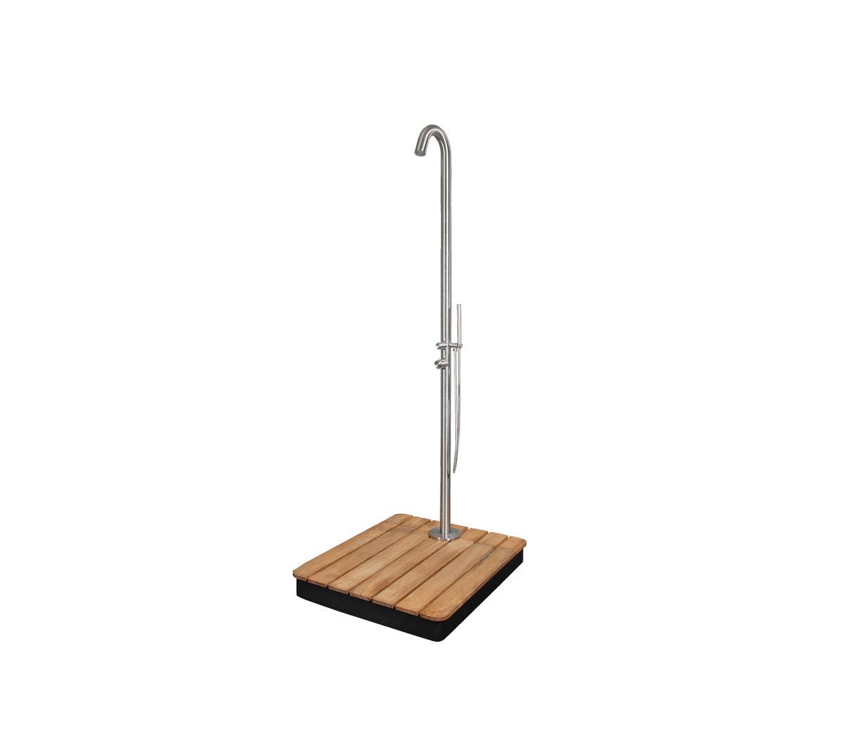 Stilvolle Außendusche mit einem eleganten Design, ausgestattet mit einer stabilen Basis und einem hohen, gebogenen Duschkopf für ein elegantes Aussehen.