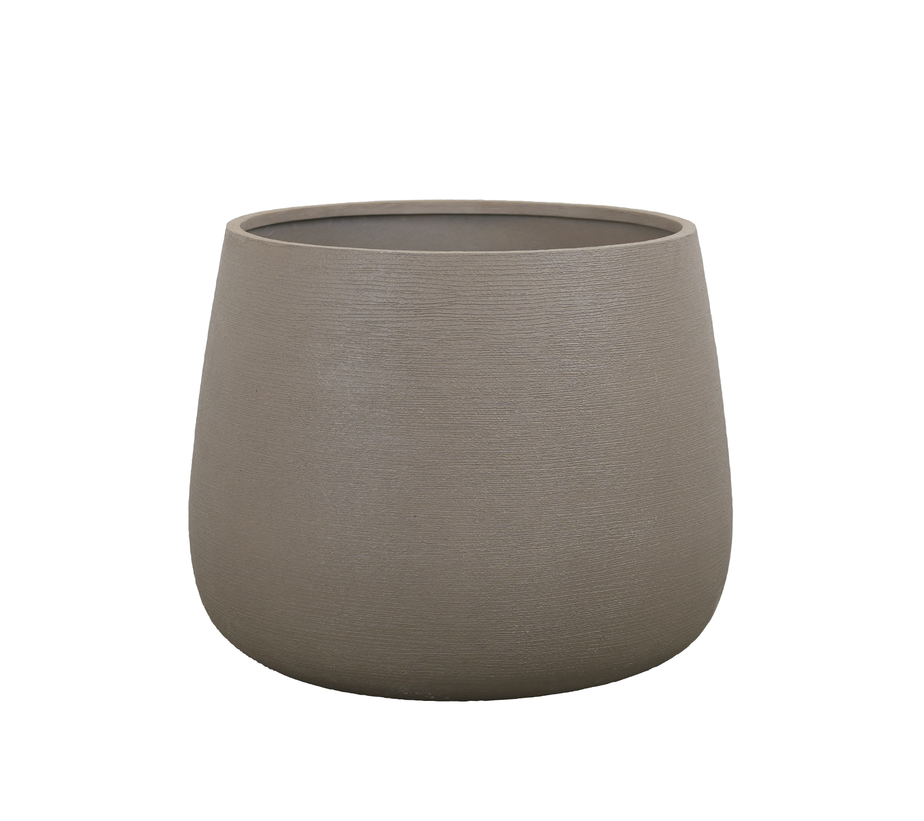 Runder taupe Blumentopf mit glatter Oberfläche.