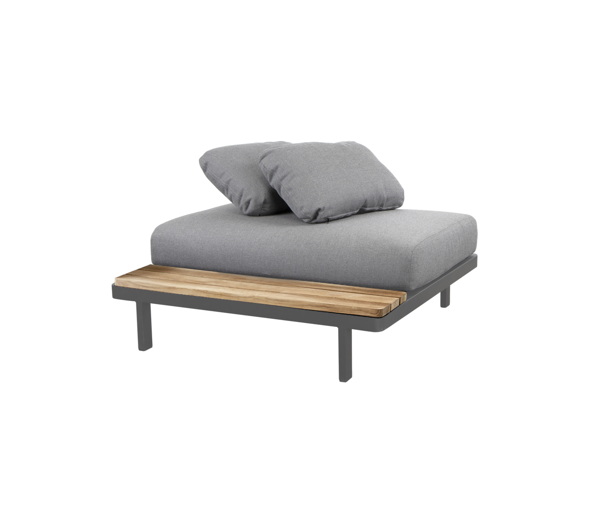 Stilvolles Loungesofa mit einer gepolsterten grauen Oberfläche und einem Holz-Akzent, ideal zum Entspannen und Wohlfühlen.