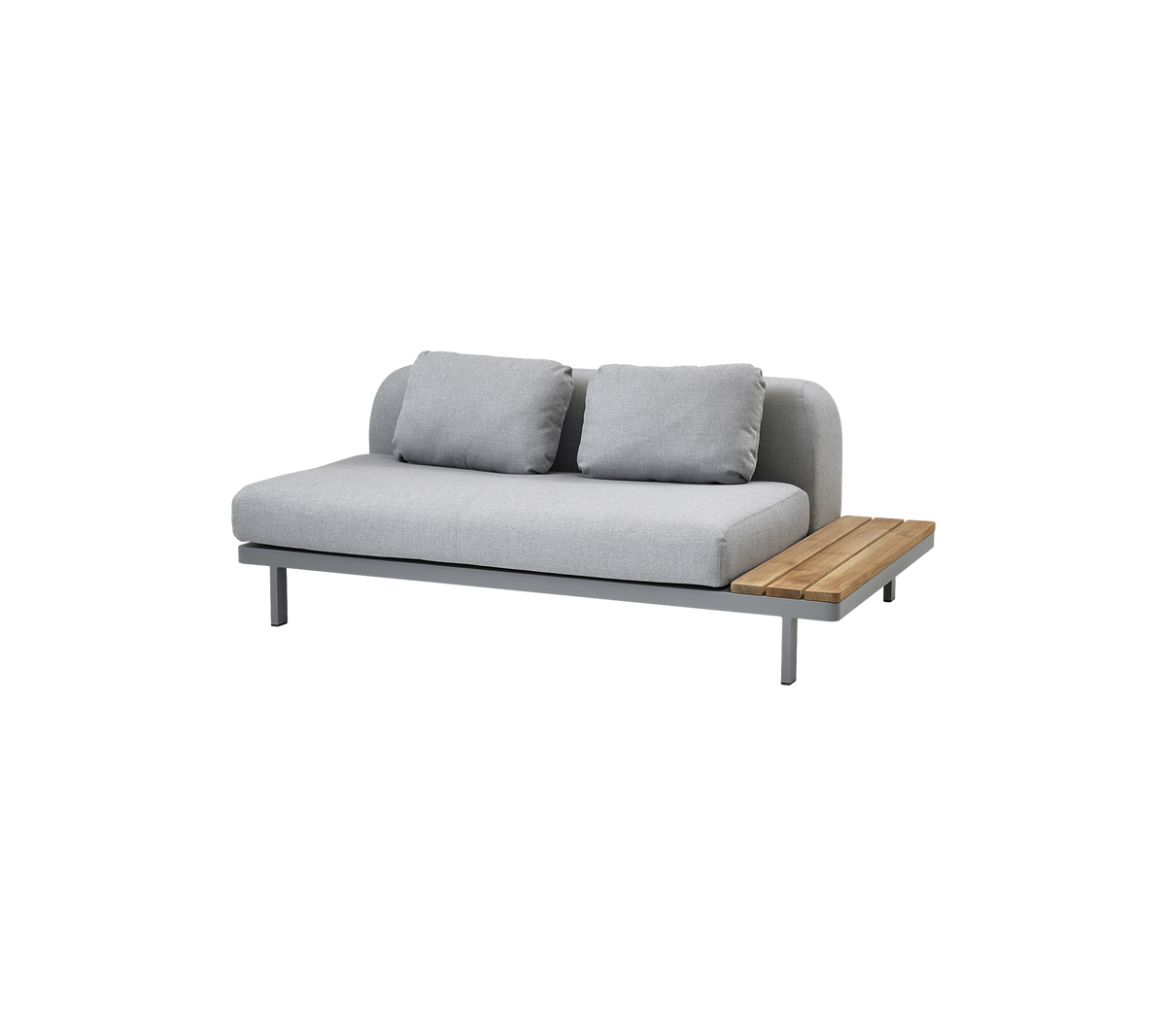 Moderne Sofa mit einem schlanken Design, ausgestattet mit weichem grauem Stoff und einem Holztisch für zusätzliche Funktionalität.
