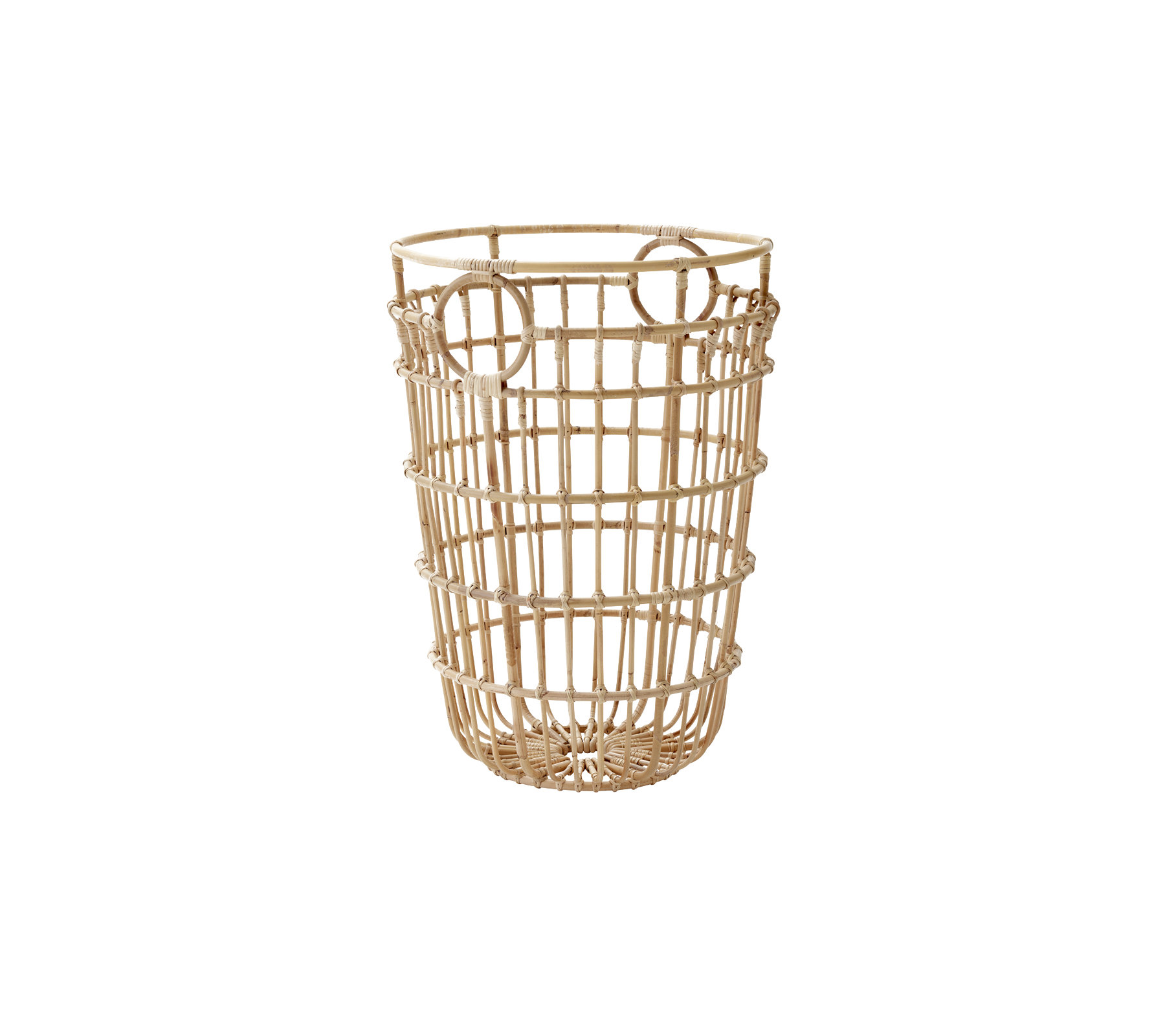 Ein geflochtener Aufbewahrungskorb aus natürlichen Materialien mit zylindrischer Form, Gittermuster und zwei Griffen für einfachen Transport.
