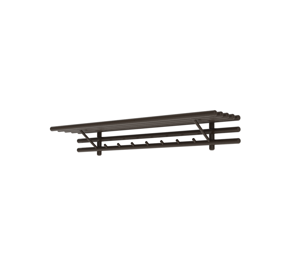Ein elegantes, dunkelholz Wandregal mit mehreren Haken, perfekt zum Organisieren und stilvollen Präsentieren von Gegenständen.