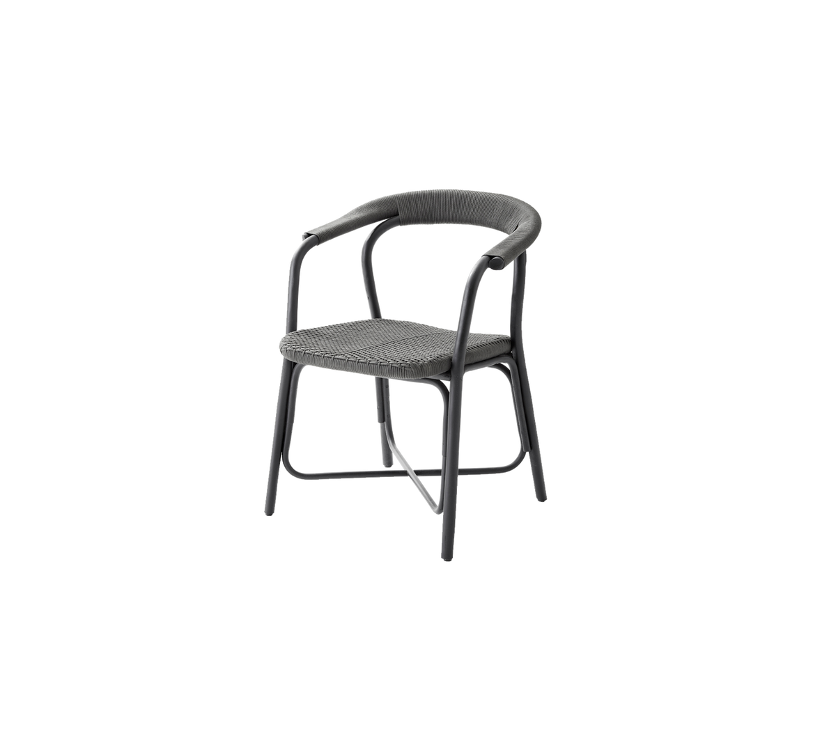 Stylischer Stuhl mit einer geschwungenen Rückenlehne und Armlehnen, ausgestattet mit einem geflochtenen Sitzdesign und einem stabilen Rahmen, perfekt für moderne Sitzbedürfnisse.