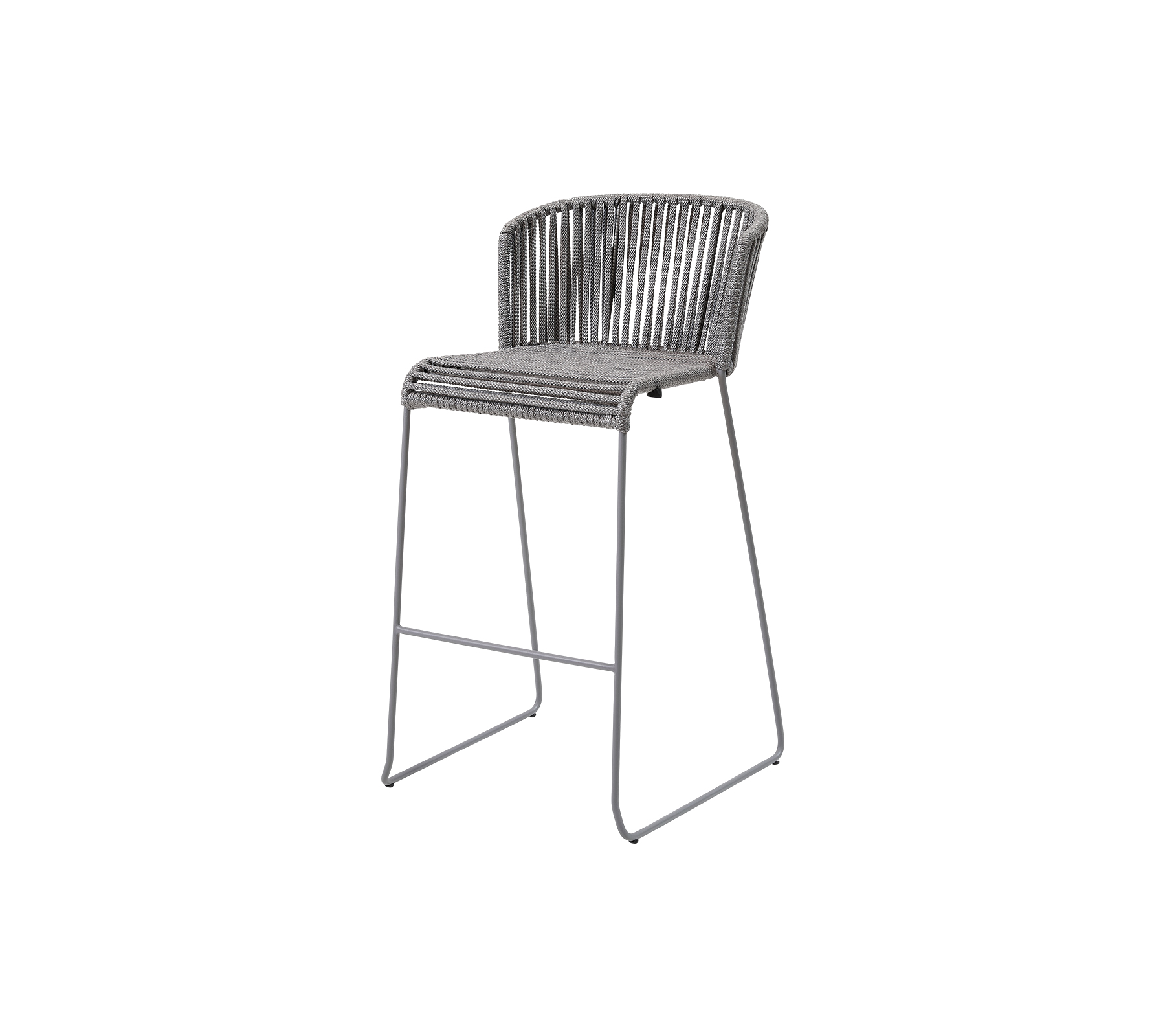 Ein stilvoller, erhöhter Stuhl mit einem schlanken Metallrahmen und einem modernen gewebten Sitzdesign in neutralen Tönen, ideal für zeitgenössische Räume.