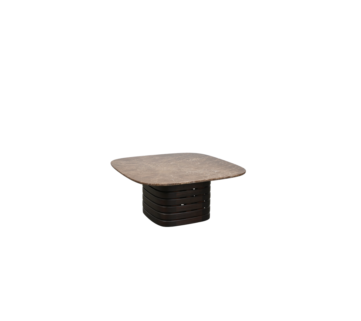 Dunkelbrauner Tisch mit minimalistischem Design und quadratischer Tischplatte.