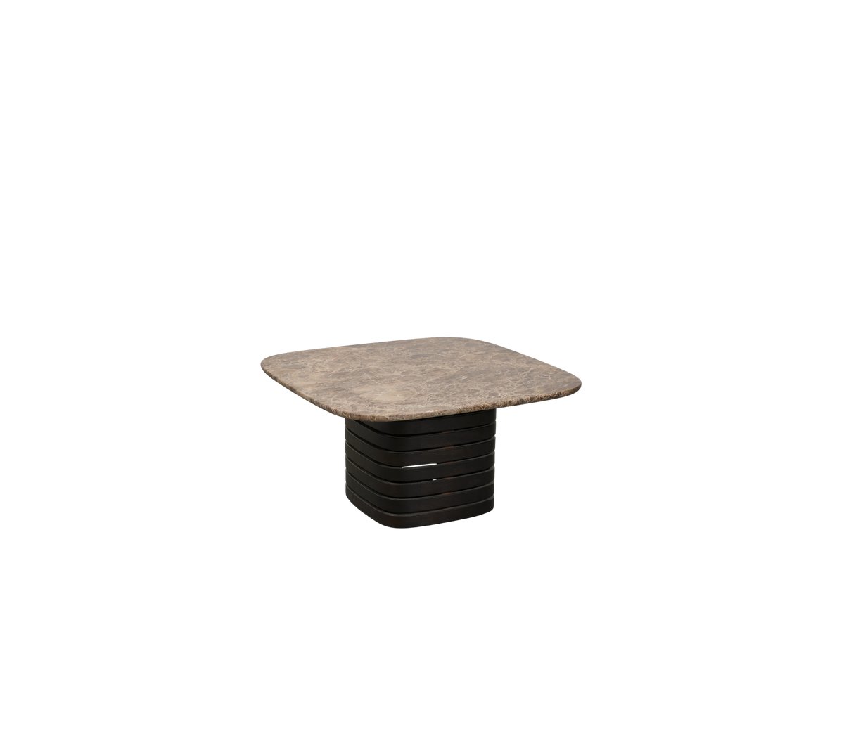 Dunkelbrauner Tisch mit einer Emperador-Oberfläche in einem schlichten Design.