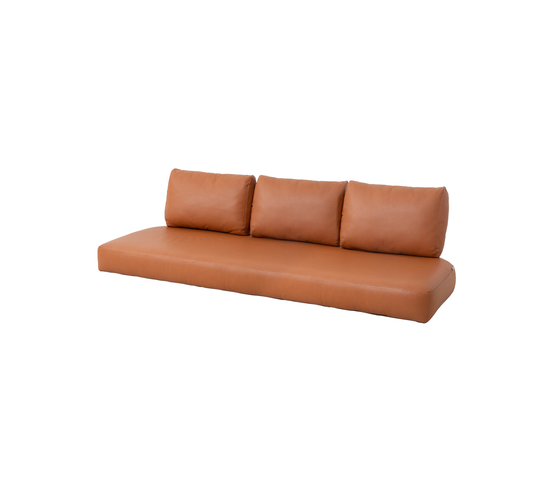 Modernes, tanfarbenes Sofa mit drei Rückenkissen, das ein schlankes Design und minimalistischem Stil aufweist, perfekt für jeden zeitgenössischen Raum.