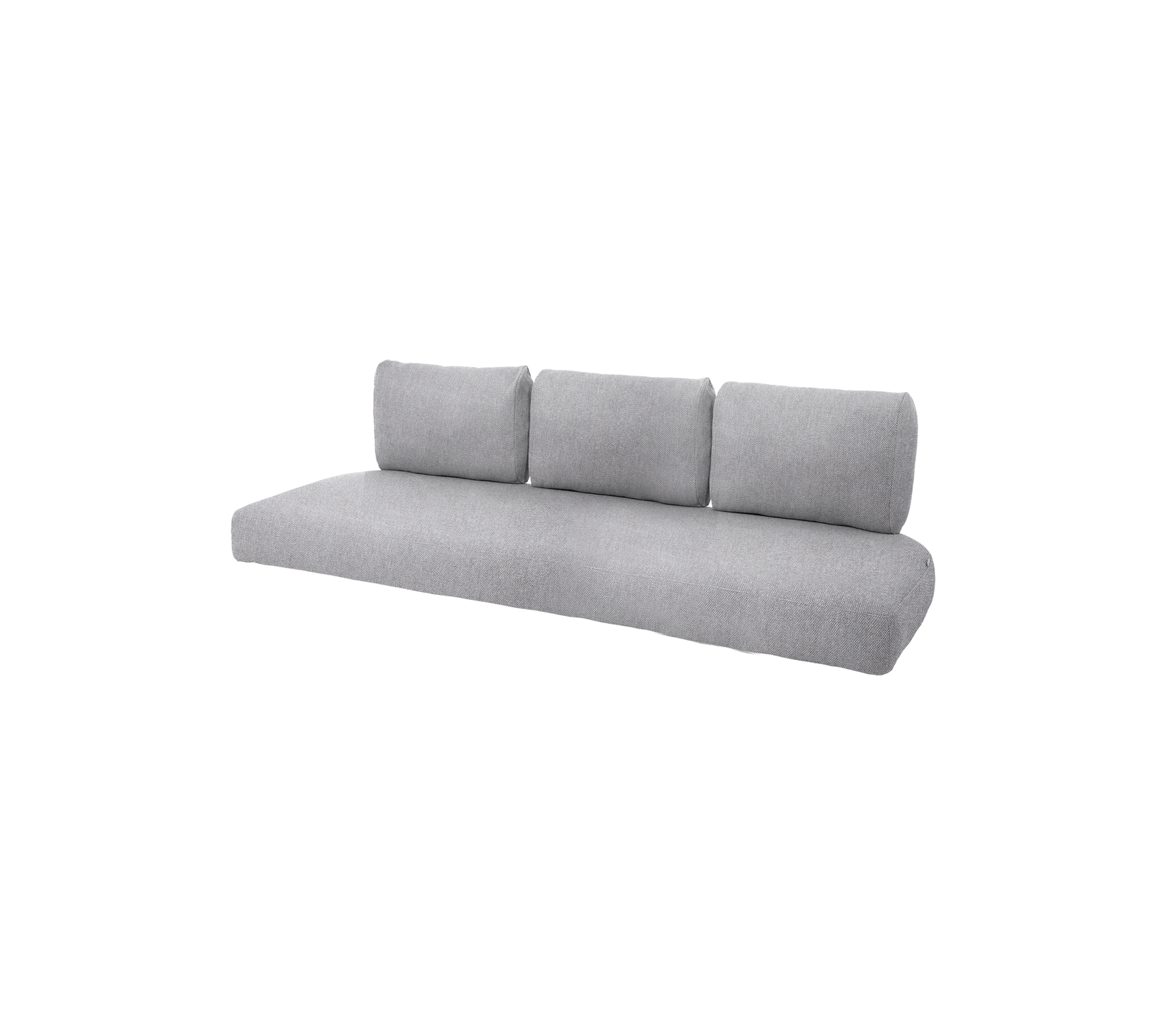 Zeitgemäßes graues Sofa mit drei plüschigen Rückenkissen, das ein schlankes und minimalistisches Design für moderne Dekoration bietet.