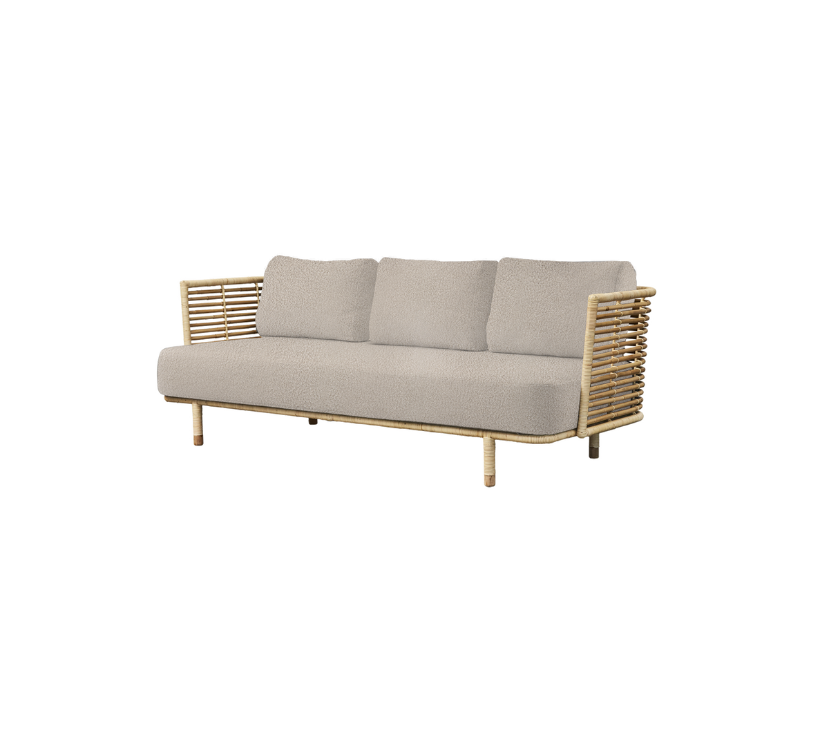 Stylische Couch mit einem hellgrauen Kissen und natürlichen Holzakzenten sowie markanten Armlehnen, perfekt für modernes Dekor.