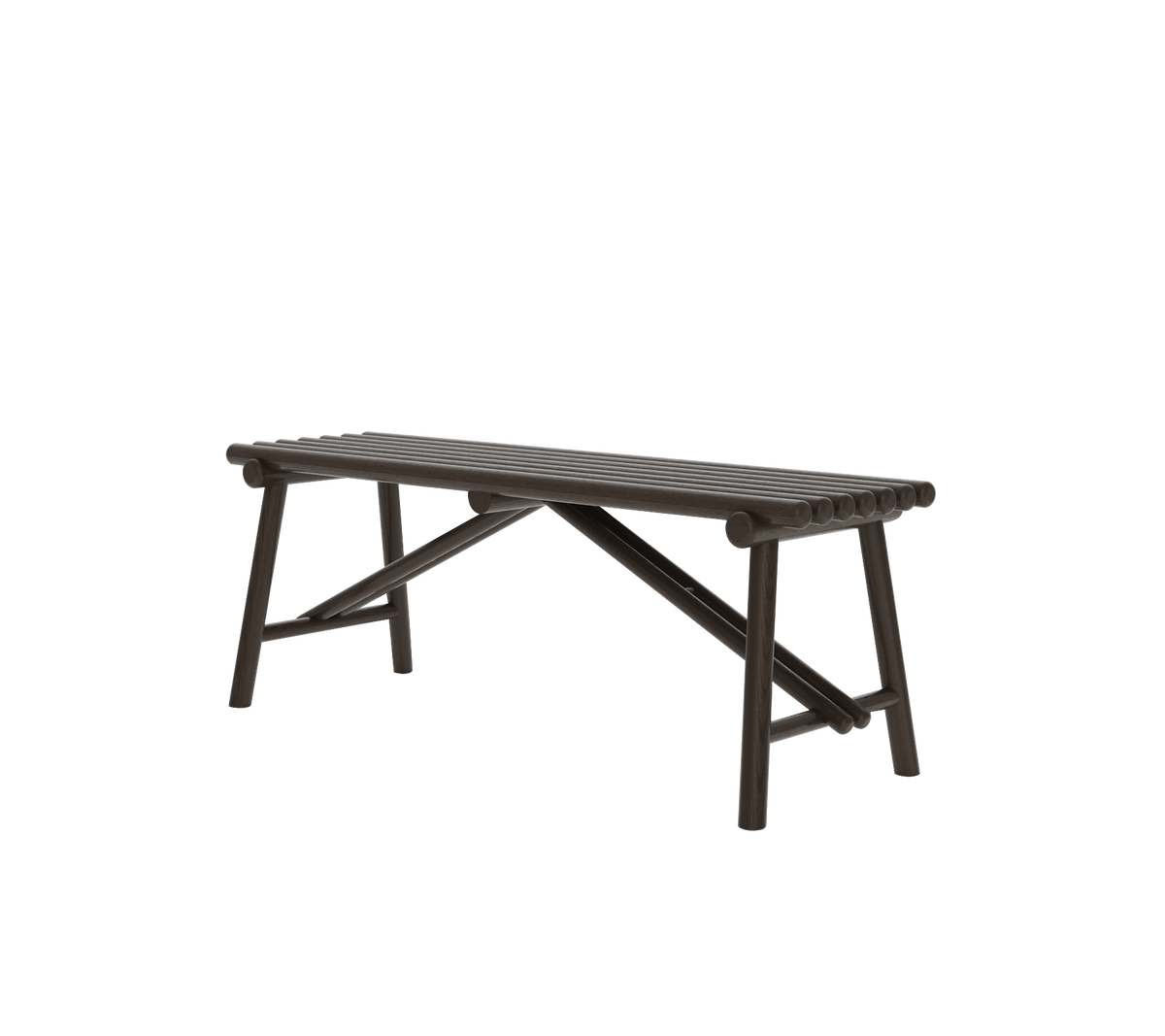 Eine einfache, dunkelbraune Holzbank mit einem robusten Design, ausgestattet mit einer lamellierten Oberfläche und schrägen Beinen.