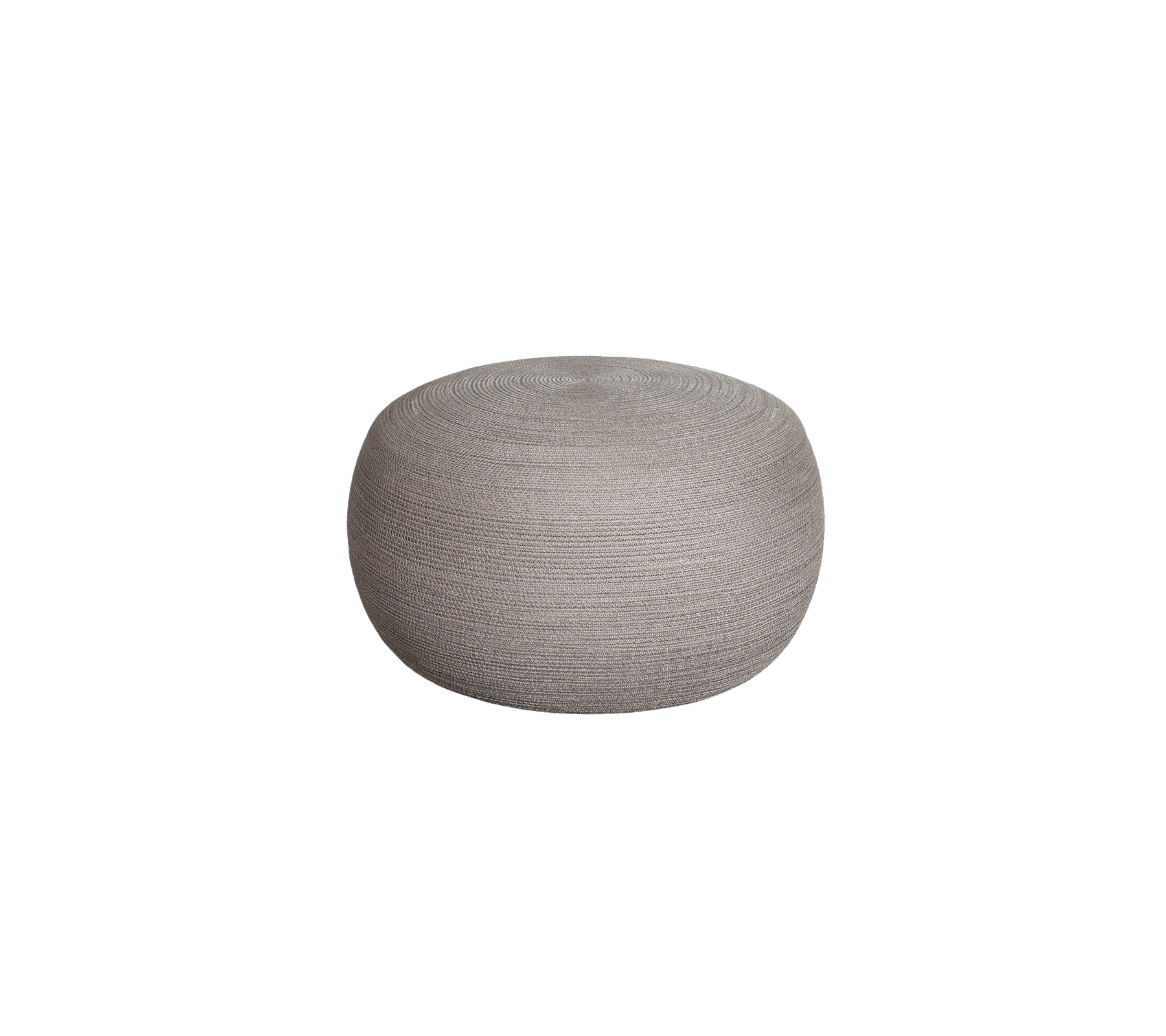 Runder, strukturierte Pouf in einer sanften grauen Farbe, ideal als Akzent-Sitzgelegenheit oder als dekoratives Element in verschiedenen Räumen.