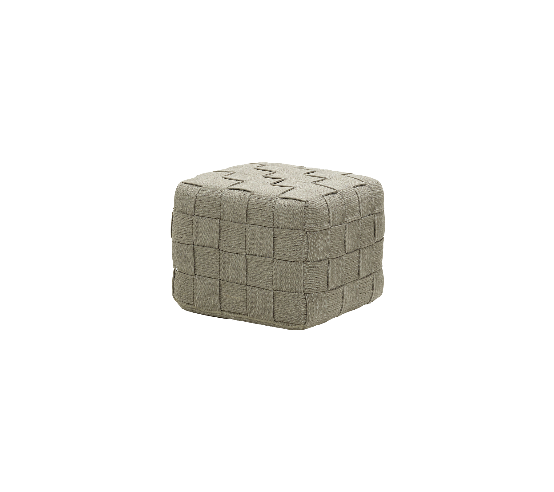 Ein quadratischer, texturierter Pouf mit einem gewebten Muster in neutraler Farbe, geeignet für verschiedene Einrichtungsstile.