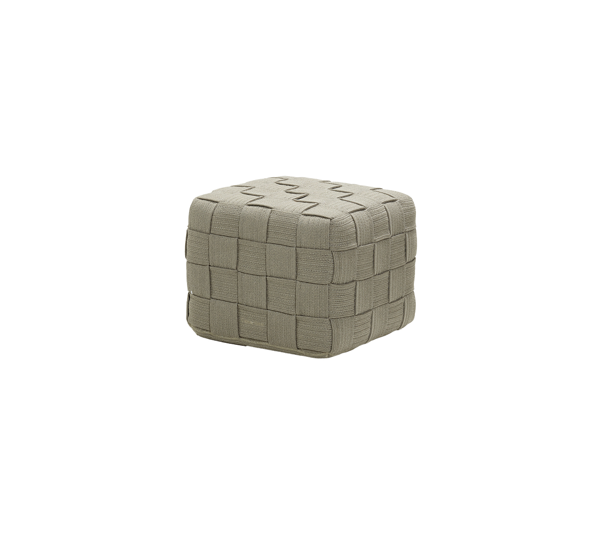Ein quadratischer, texturierter Pouf mit einem gewebten Muster in neutraler Farbe, geeignet für verschiedene Einrichtungsstile.