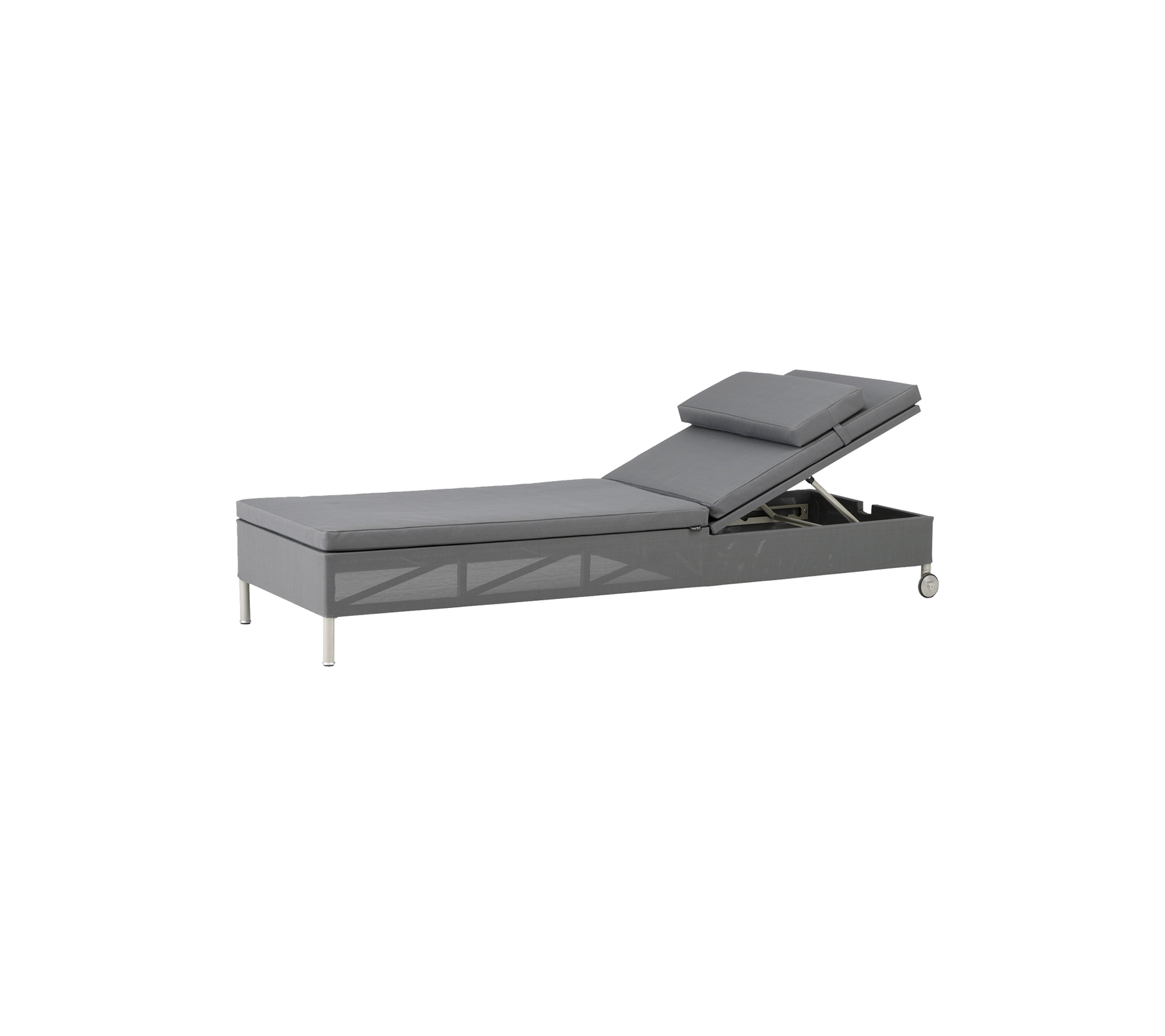 Verstellbare graue Chaiselong mit einer neigbaren Rückenlehne und integriertem Stauraum, mit schlankem Design und metallischen Beinen.