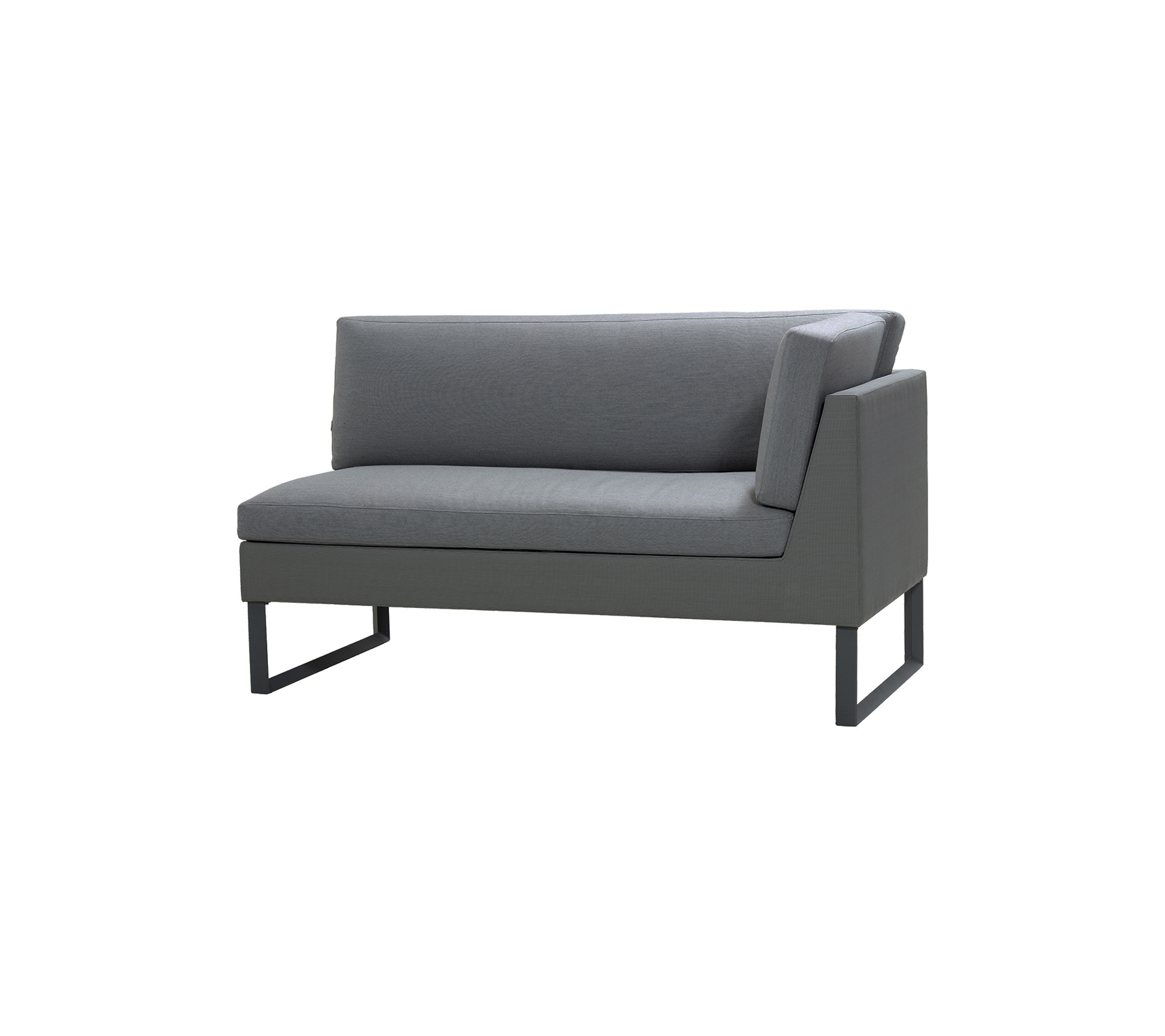 Moderne Zweisitzer-Sofa aus einem schlanken grauen Stoff mit minimalistischen Metallbeinen und einem zeitgenössischen Design, ideal für stilvolles Sitzen.