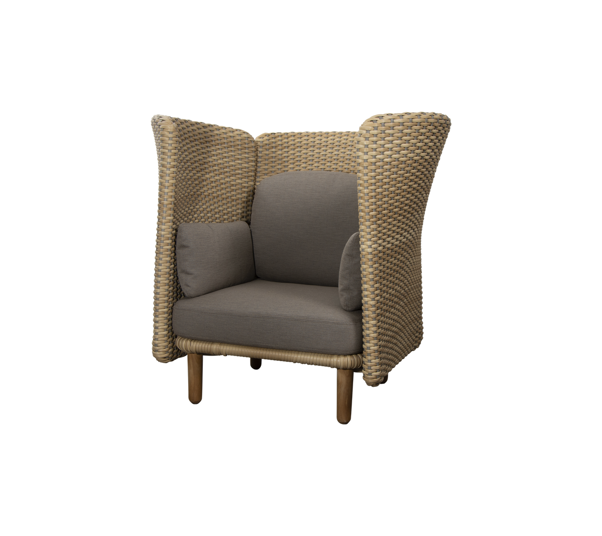 Stylischer Sessel mit einem gewebten Design und plüschigen grauen Kissen, der hohe Seiten für zusätzlichen Komfort und Privatsphäre bietet.