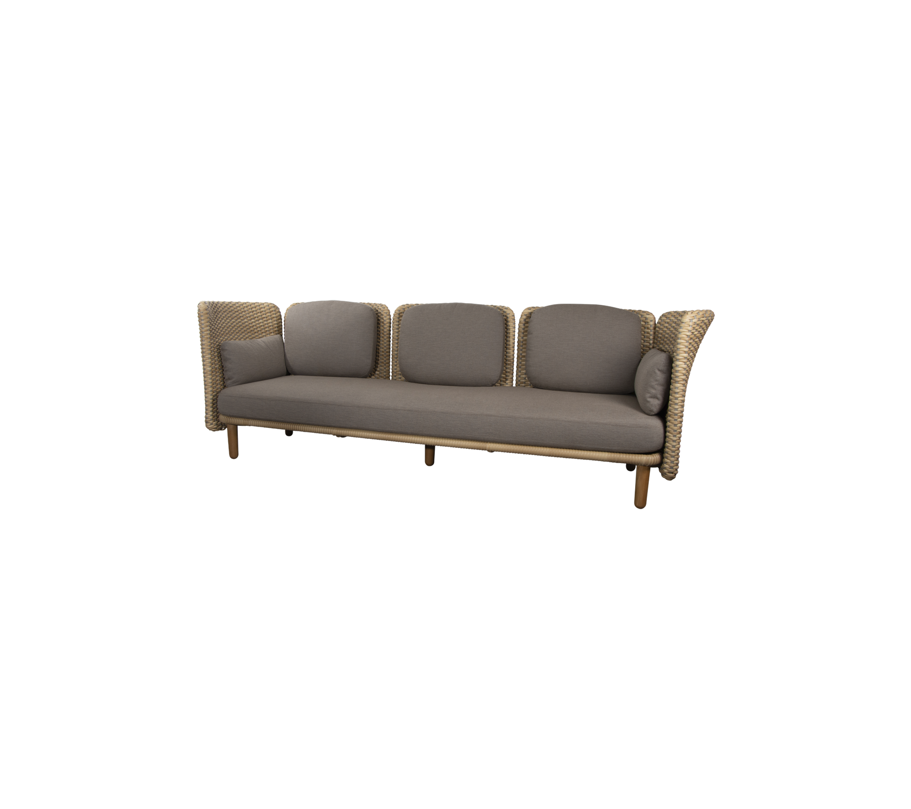 Ein stilvoller, viersitziger Sofa mit einem gewebten Design und plüschigen, neutral farbigen Kissen für Komfort und Eleganz.