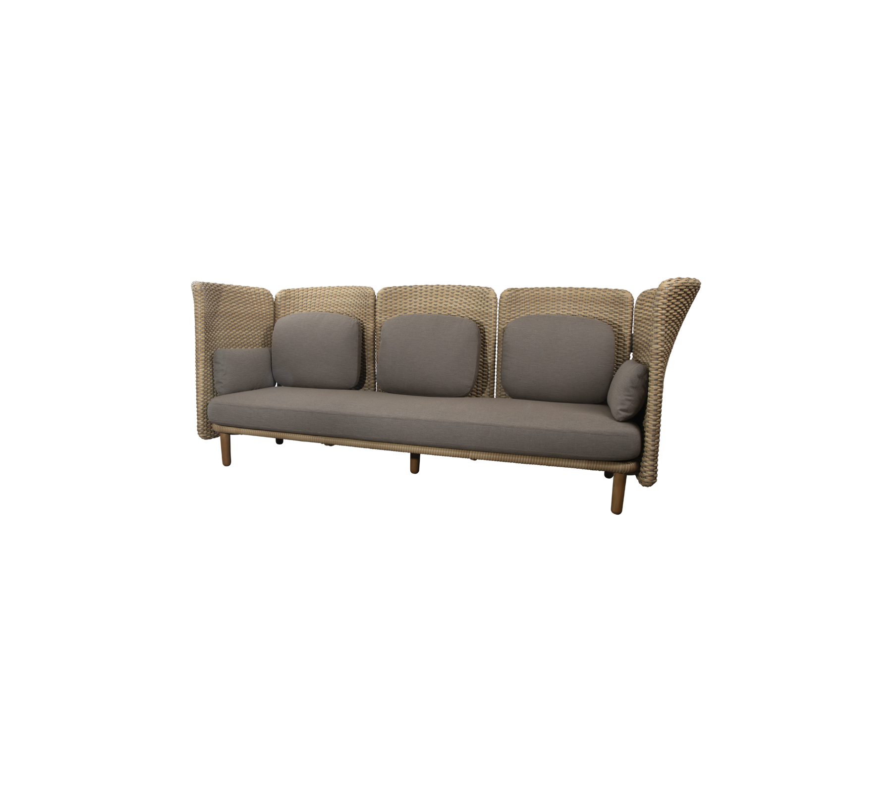 Stilvolles Dreisitzer-Sofa mit einem gewebten Design und grauen Kissen, perfekt für moderne Wohnräume.