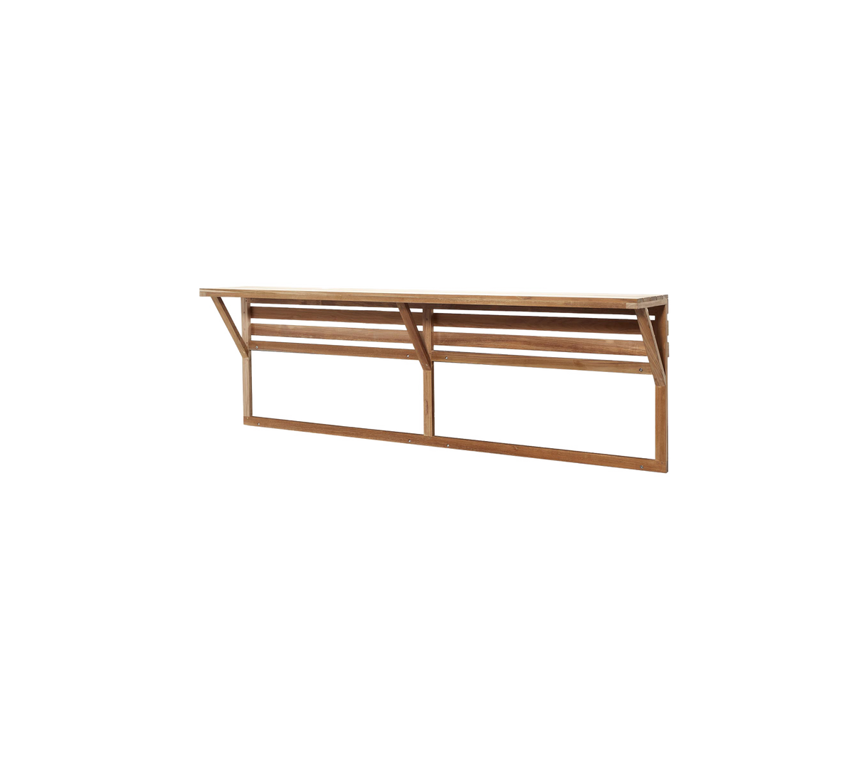 Ein eleganter Holzregal mit lamelliertem Design, ausgestattet mit stabilen Seitenstützen für zusätzliche Stabilität, ideal für verschiedene Anwendungen.