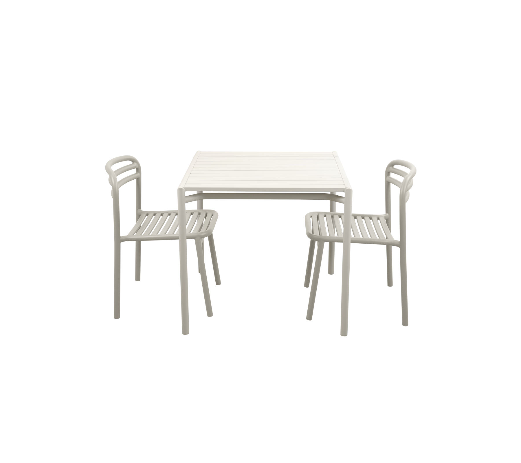 Minimalistischer Tisch mit zwei passenden Stühlen, die ein einfaches Design und eine helle Farboberfläche aufweisen.