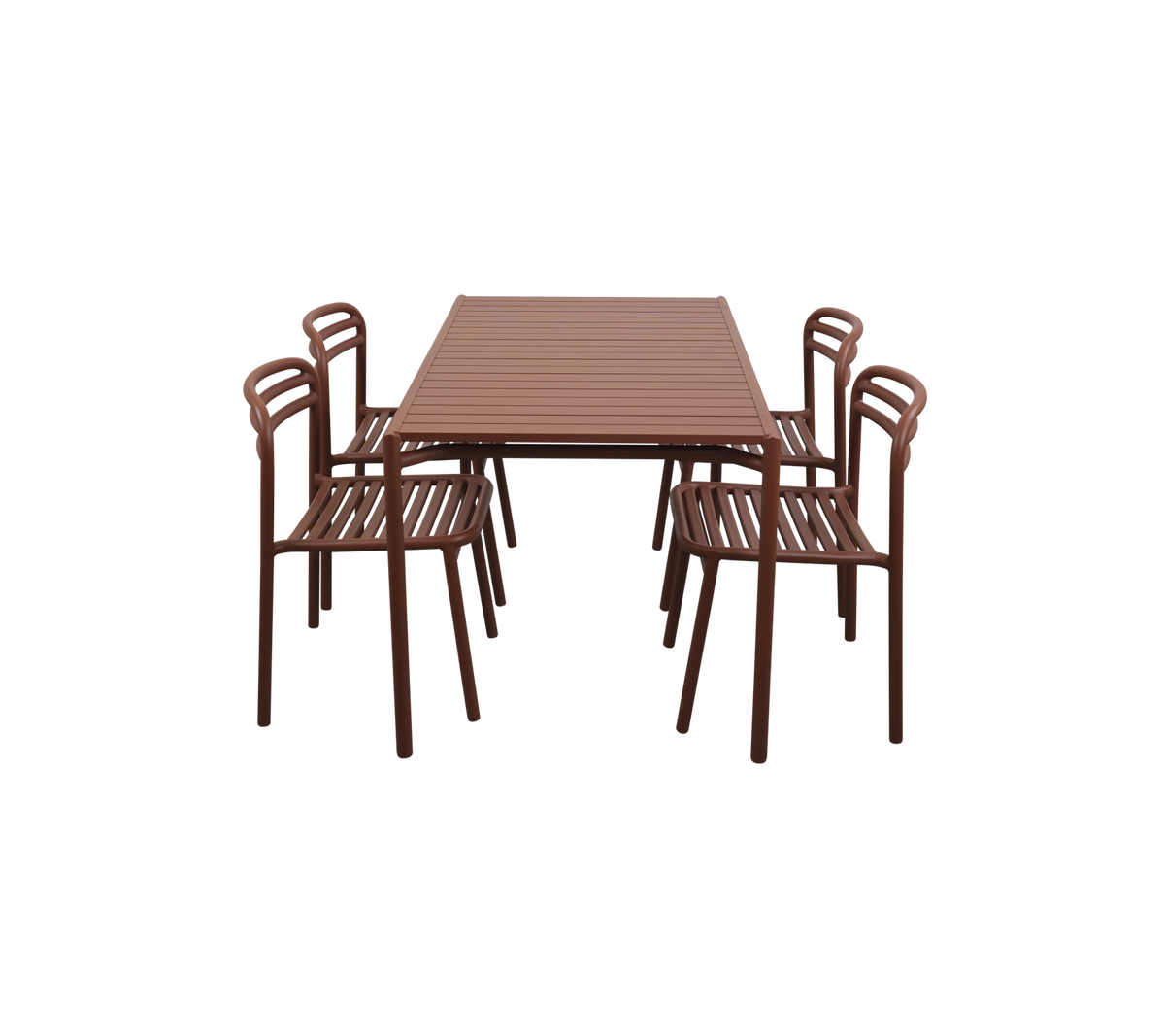 Rechteckiger Tisch mit sechs passenden Stühlen, alle mit einem schlanken braunen Design und lamellenförmigen Oberflächen. Ideal für das Essen oder Versammlungen.