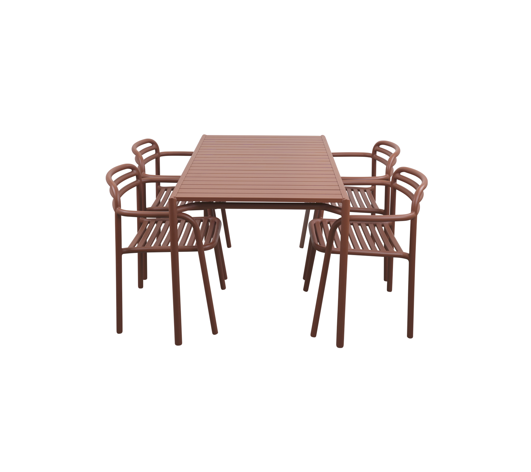 Brauner rechteckiger Esstisch, umgeben von sechs passenden Stühlen mit Lamellendesign für eine moderne Ästhetik.