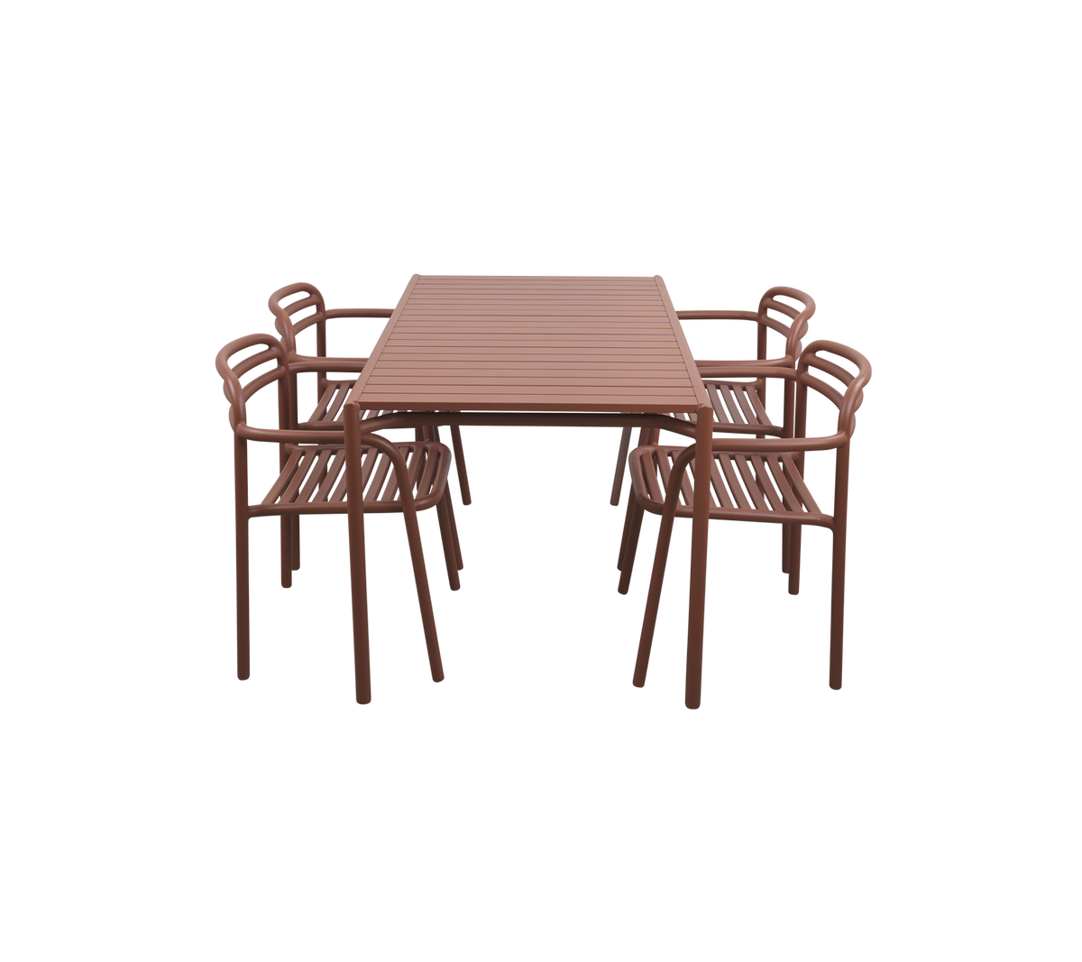 Brauner rechteckiger Esstisch, umgeben von sechs passenden Stühlen mit Lamellendesign für eine moderne Ästhetik.