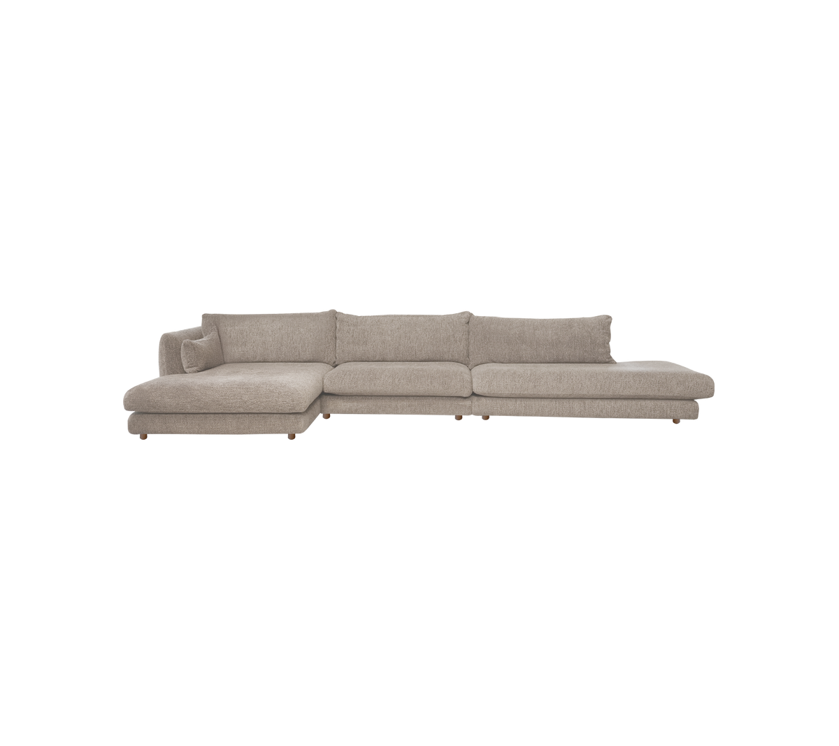 Hellbraunes modernes Sofa mit schlankem Design und klaren Linien.