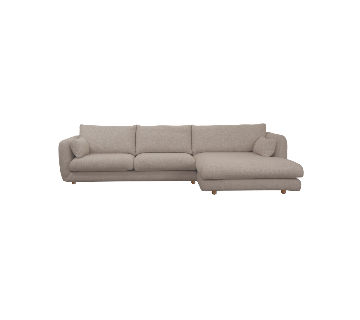 Hellbraunes Ecksofa mit Kissen in einem modernen Lounge-Setting.
