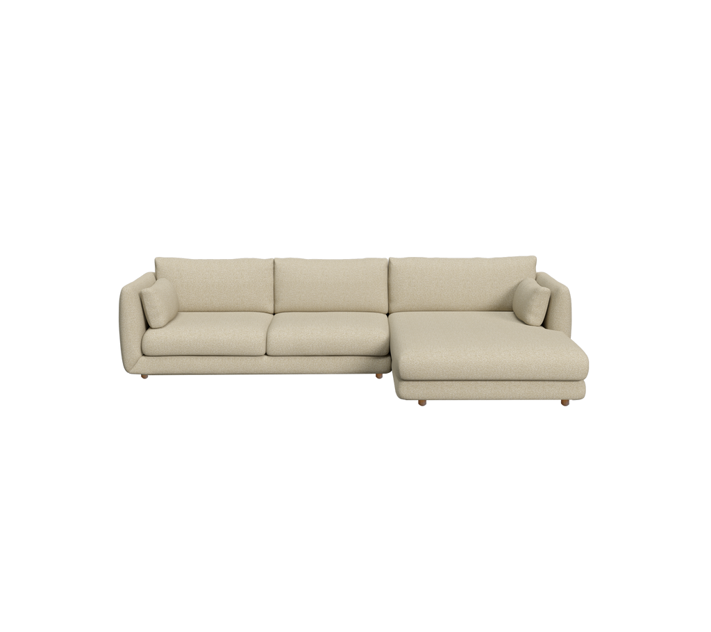 Hellbraune moderne Couch mit einem Chaiselongue-Design.