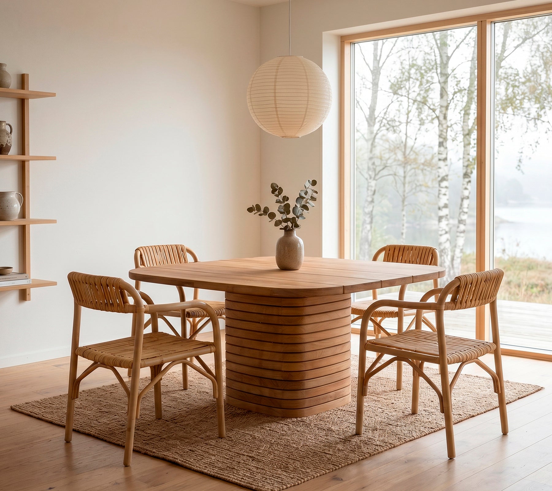 Minimalistischer Holztisch mit Rattanstühlen und einer Blumenvase.