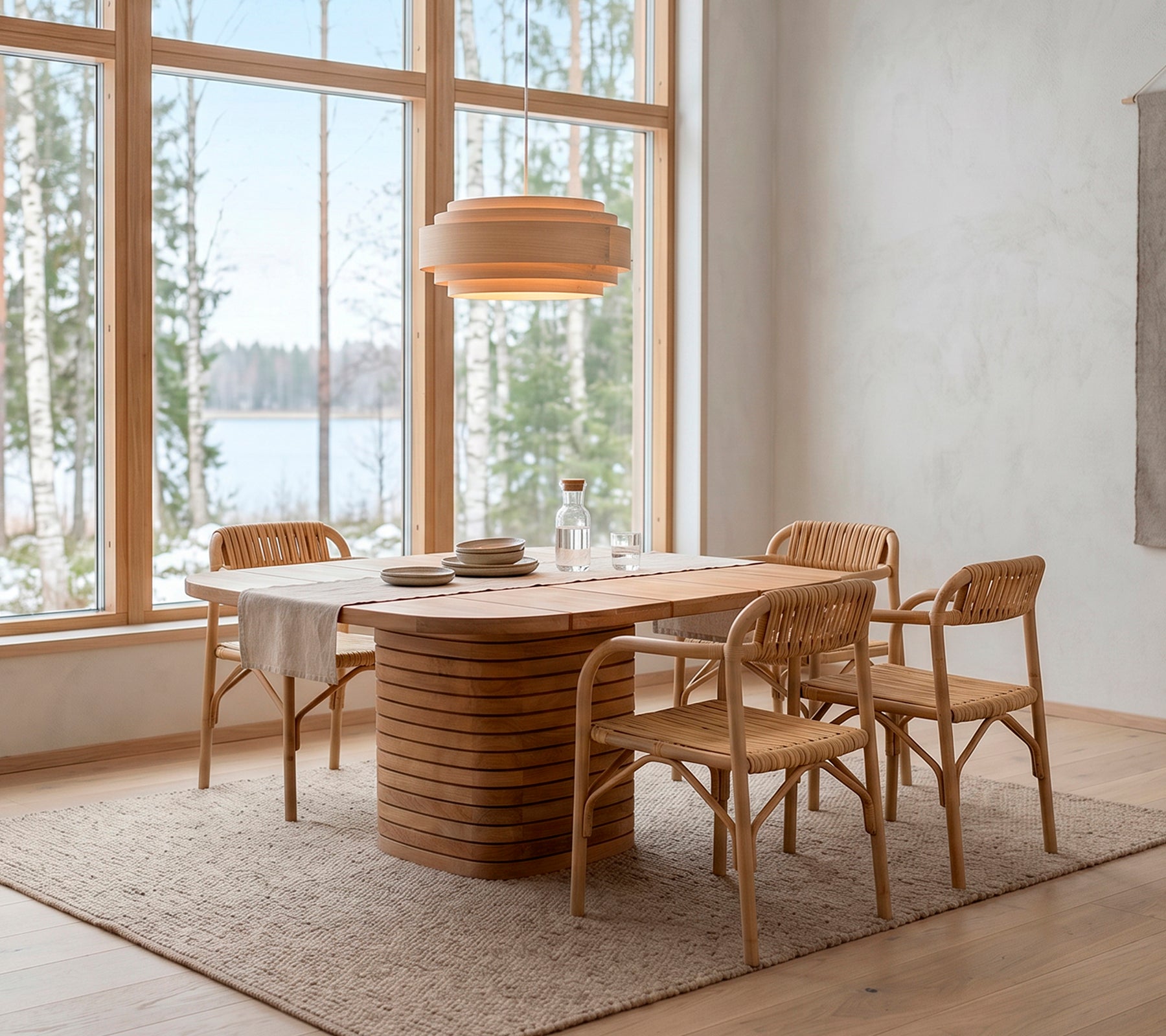 Moderne Holztisch im Essbereich, umgeben von Rattanstühlen in einem skandinavischen Ambiente.