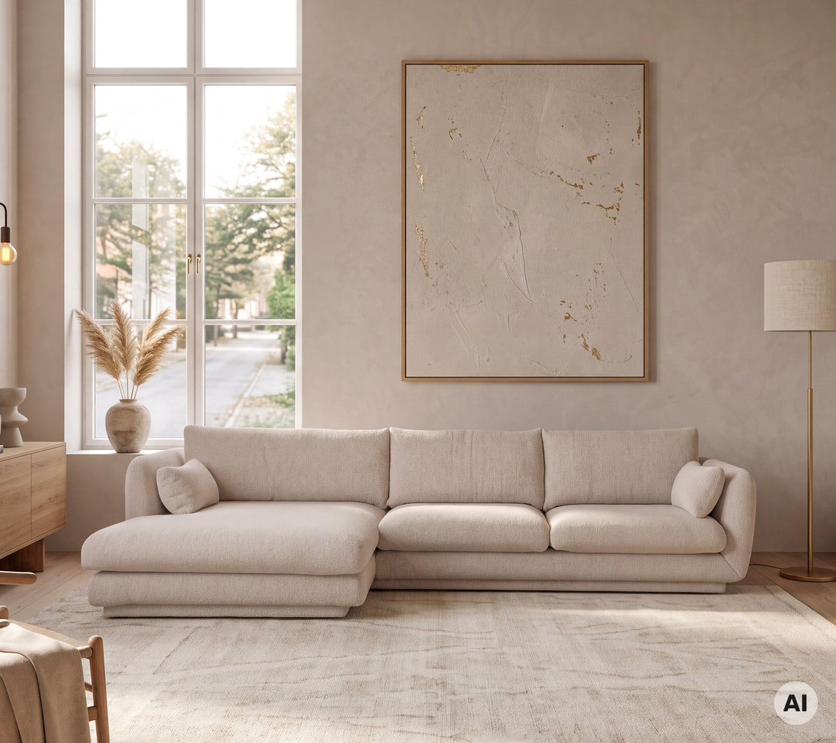 Hellbeige Ecksofa kombiniert mit einer Stehlampe in einer modernen Lounge-Umgebung.