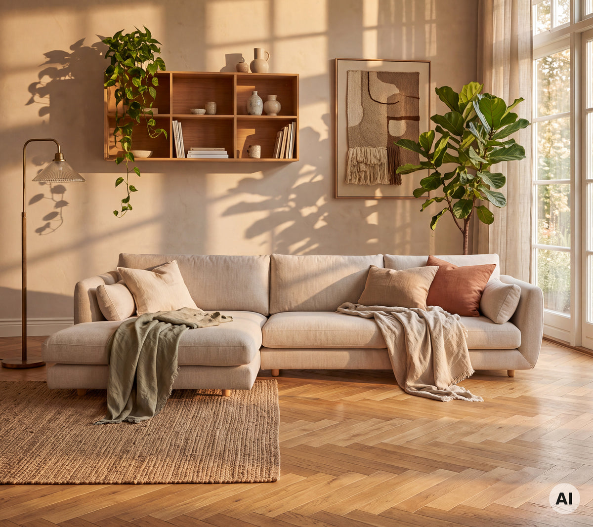 Hellgraues Sofa mit grünen und rosa Kissen in einem modernen Lounge-Ambiente.