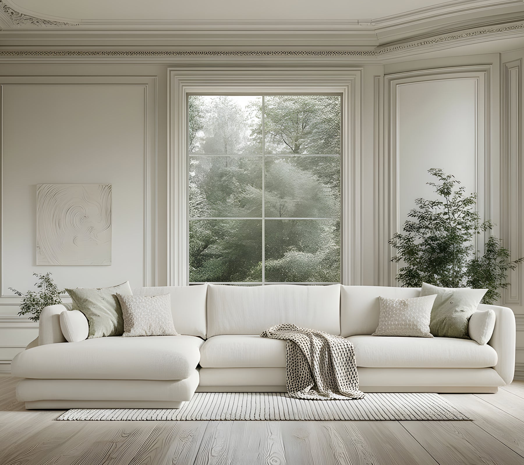 Moderne weiße Sofa mit grünen Kissen und einer grauen Decke in einem minimalistischen Wohnzimmer.
