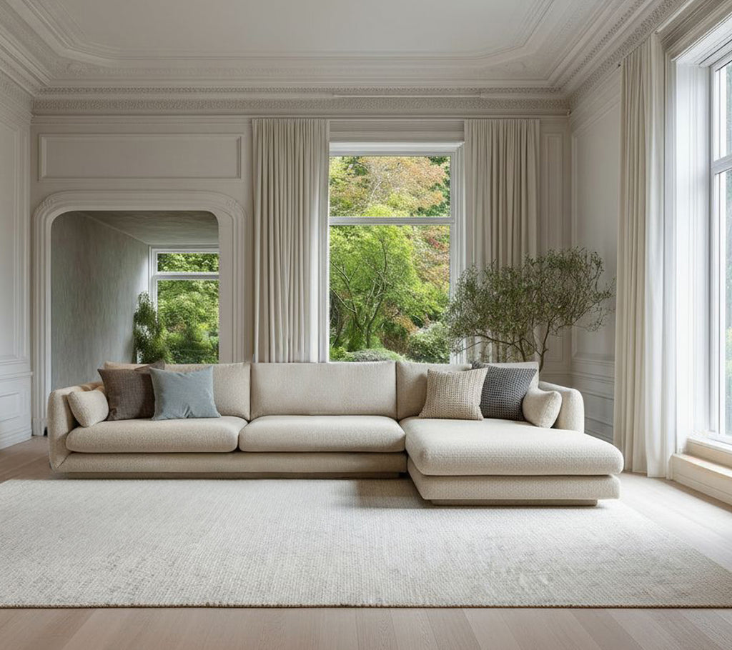 Beige moderne Sofa mit grauen Kissen in einem minimalistischen Lounge-Setting.