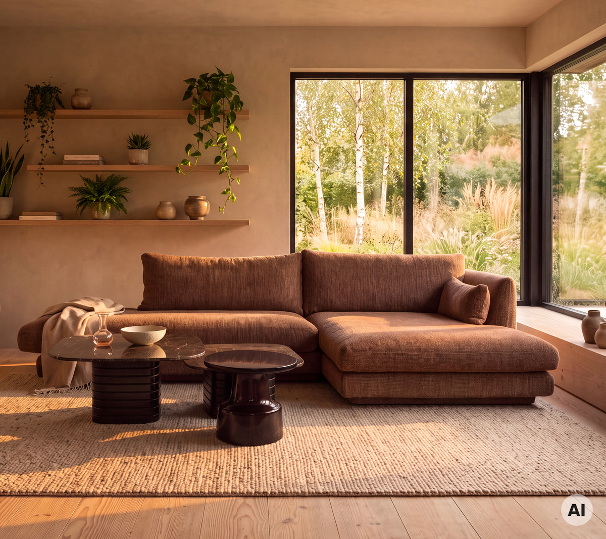 Braunes Ecksofa mit einem schwarzen Beistelltisch auf einem gewebten Teppich in einem modernen Lounge-Setting.