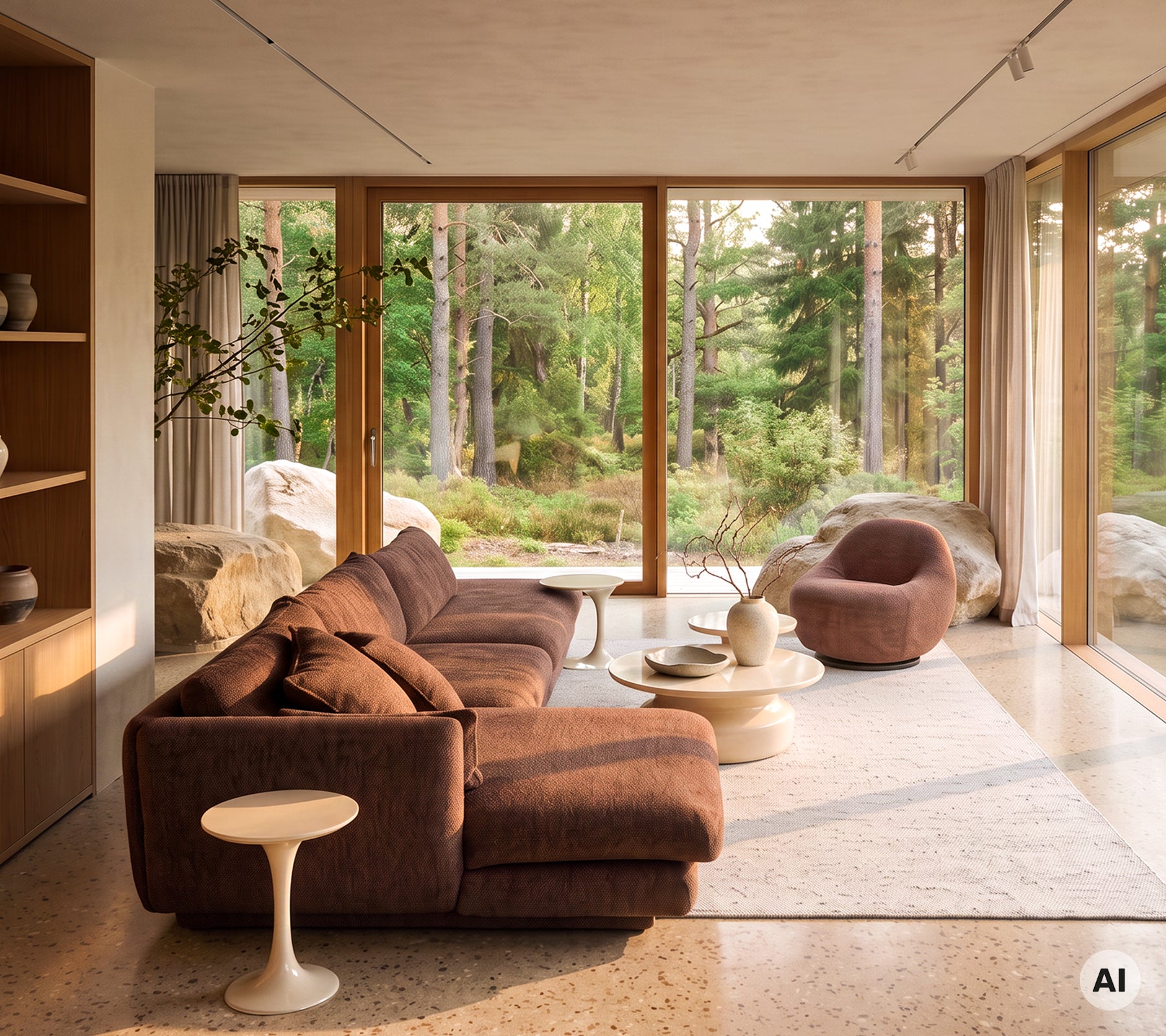 Moderne Lounge mit einem braunen Sofa, einem weißen Beistelltisch und einem braunen Sessel.