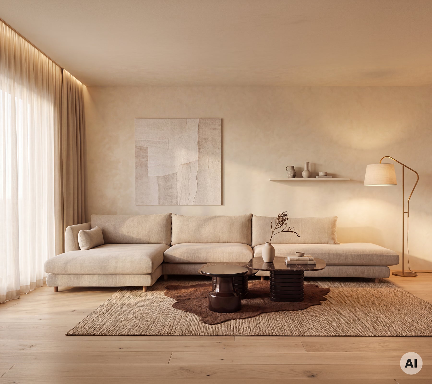 Beiges Ecksofa mit Holztisch und braunem Teppich in einer minimalistischen Lounge.