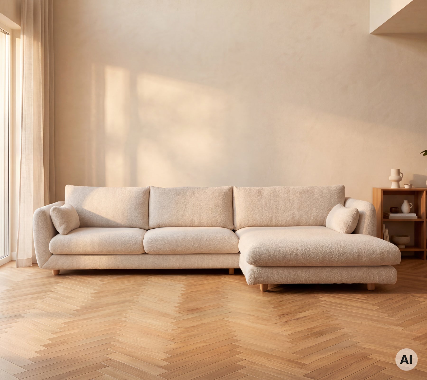 Beige moderne Sofa in einem minimalistischen Lounge-Setting mit warmem Licht.