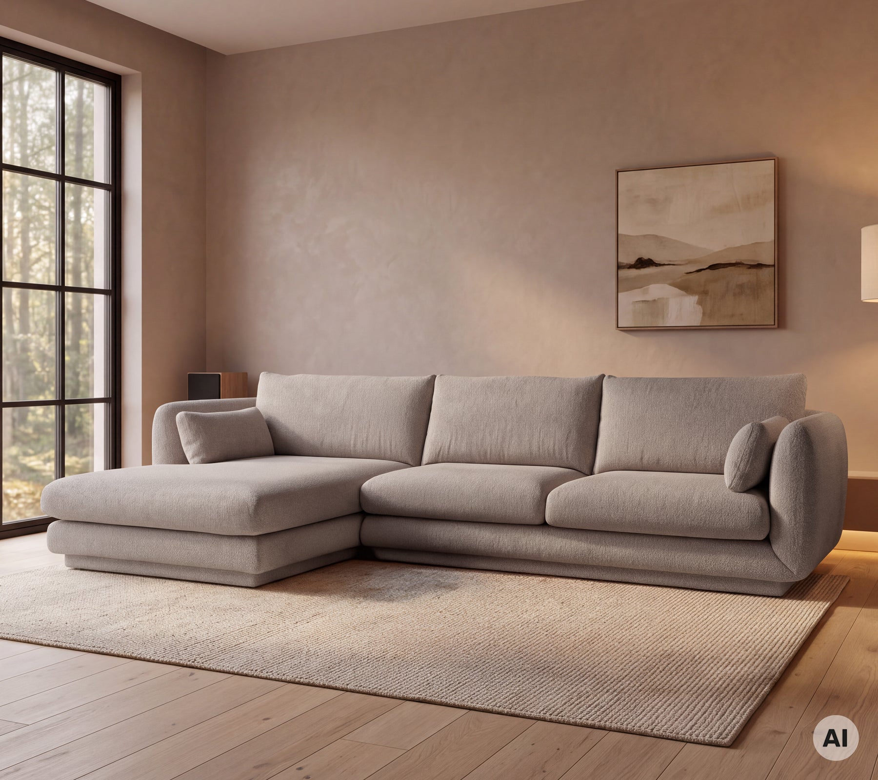 Moderne graue Couch in einem gemütlichen Loungebereich mit einem großen Fenster.