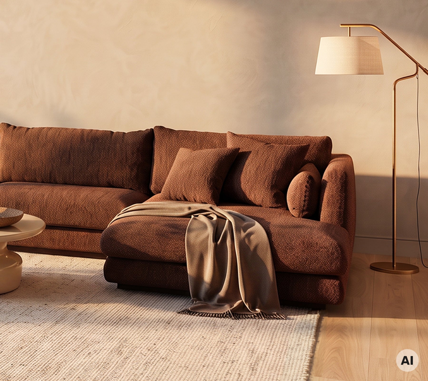 Braunes Sofa mit Kissen und einer Decke neben einem runden Couchtisch und Stehlampe.