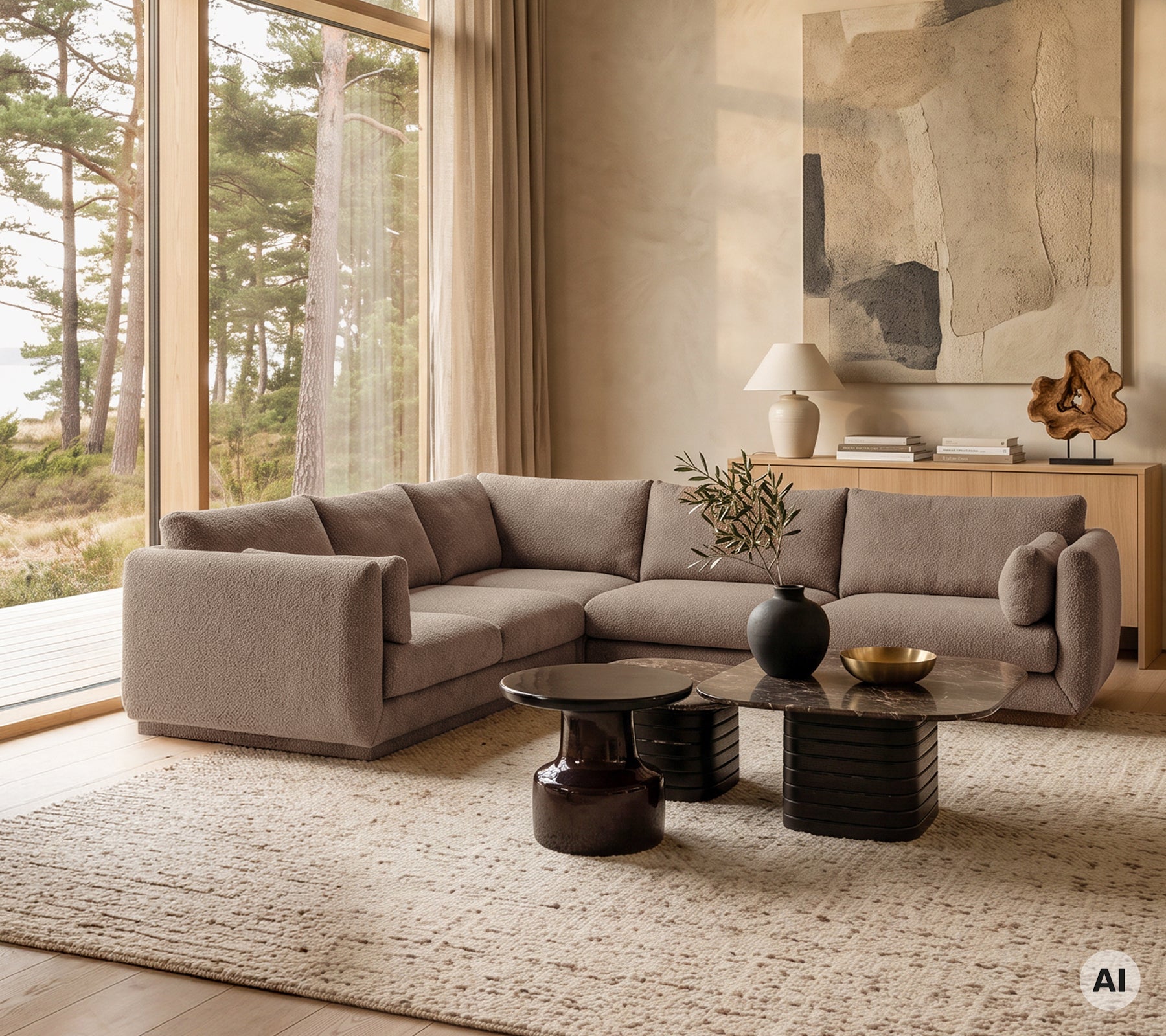 Moderne Lounge mit einem beigen Sofa, einem schwarzen Tisch und einem grauen Teppich.